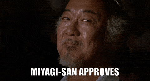 Miyagi smiling and approving of the completion of a personal mission statement