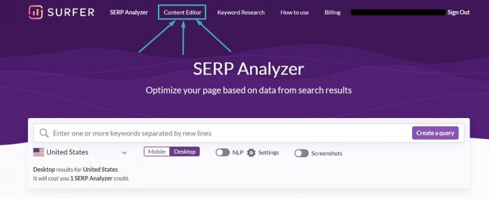 surfer-G01S07 Content Editor link on Surfer SEO's SERP analyzer page